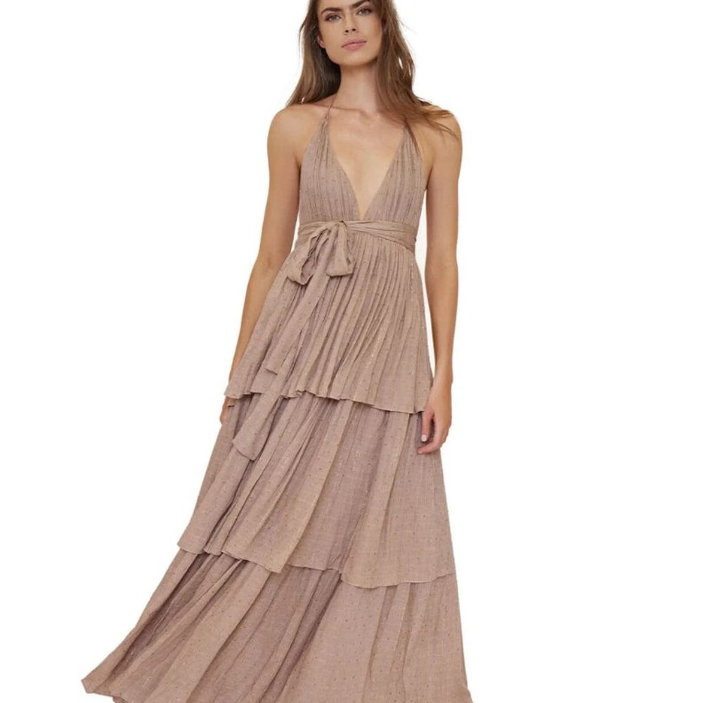 Anthropologie KRISTINE V-NECK TIERED DRESS California PQ ORO Stunning neutral